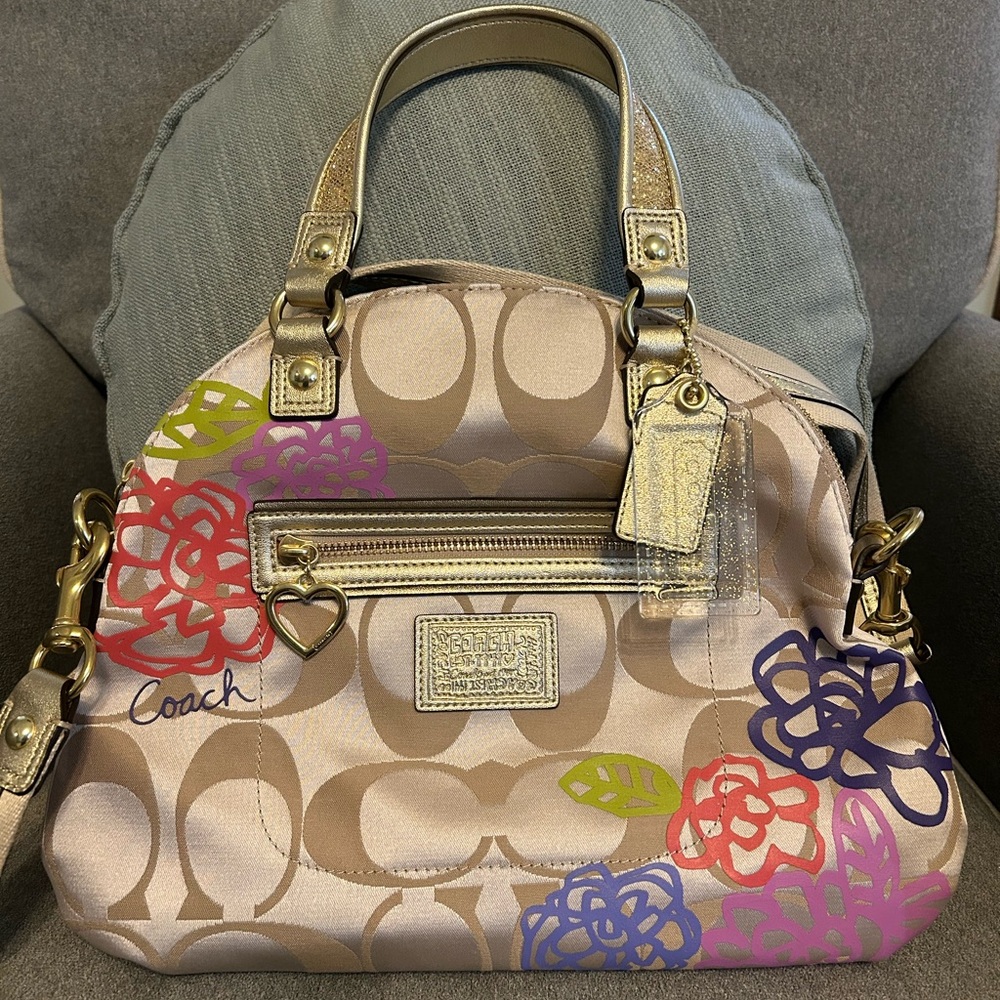 Coach Beige and Gold Satchel with Floral Accents